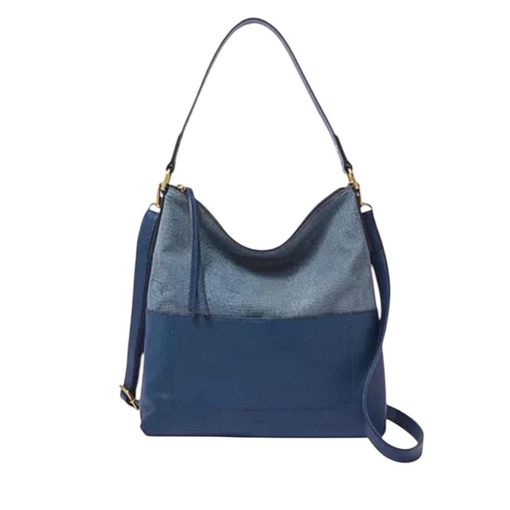 Fossil Amelia Hobo Shoulder Bag Cow Hide Leather‎ Twilight Blue Gold Hardware
